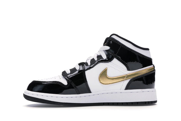 Jordan 1 Mid Patent Black White Gold (GS)