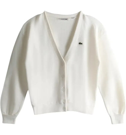 Lacoste Women's V Neck Moss Stitch Cotton Cardigan Flour White - authentic Lacoste product