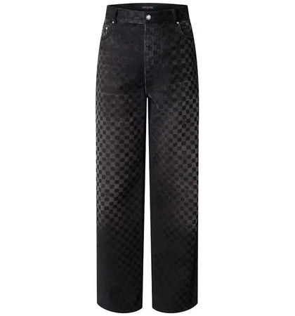 Louis Vuitton Flocked Damier Denim Wide-Leg Pants Black - authentic Louis Vuitton apparel