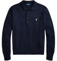 Polo Ralph Lauren Long-Sleeve Cotton Blend Novelty Flag 4-Button Placket Pullover Sweater Navy Combo