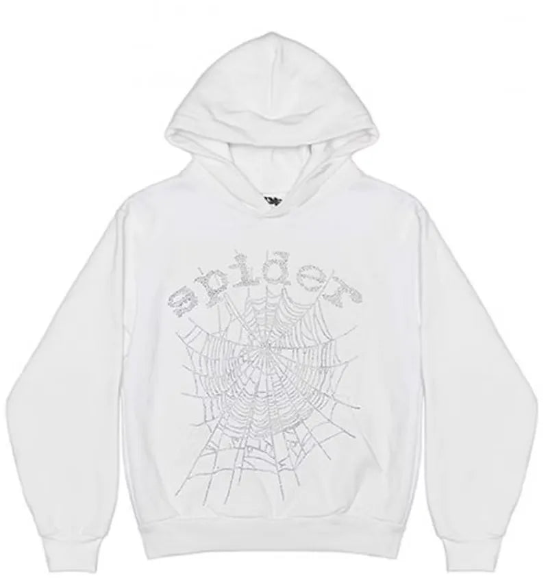 Sp5der OG Rhinestone Logo Hoodie White - vue 360
