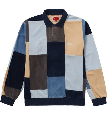 Supreme Patchwork Velour L/S Polo Navy - authentic Supreme product