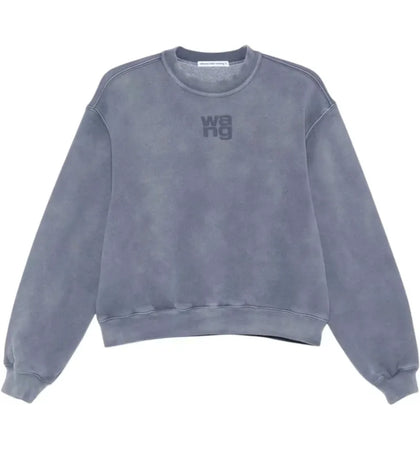 T by Alexander Wang Essential Terry Crew Puff Paint Logo Sweatshirt Washed Blue Ink - authentic T by Alexander Wang apparel